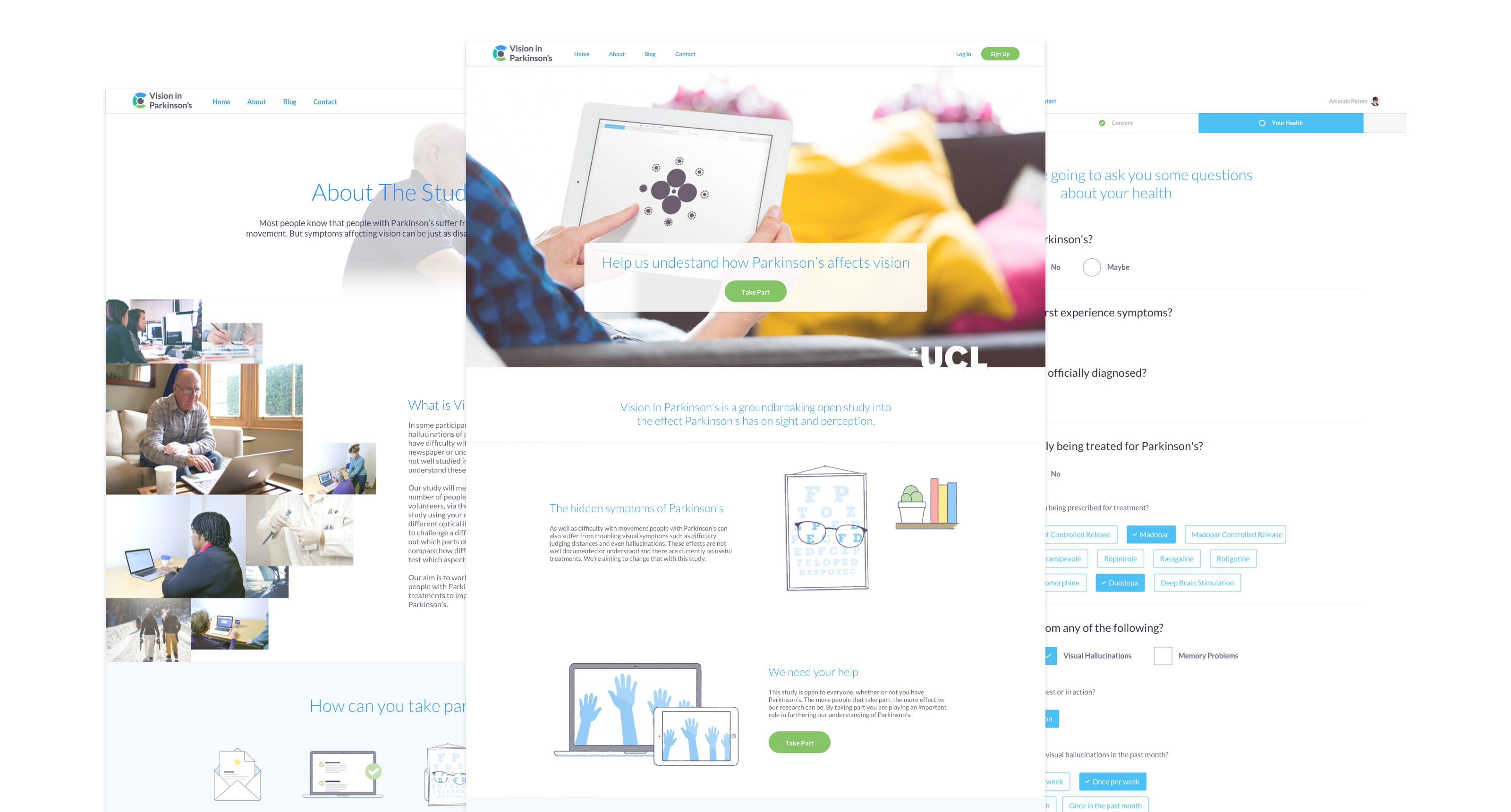 Screenshots of Vision In Parkinson's marketing and questionnaire pages