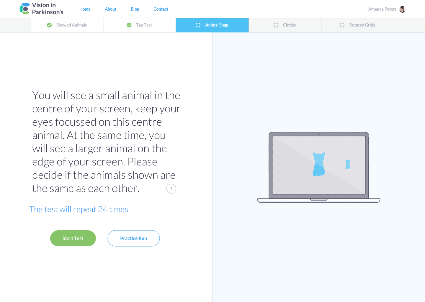 Screenshot of the animal snap vision test